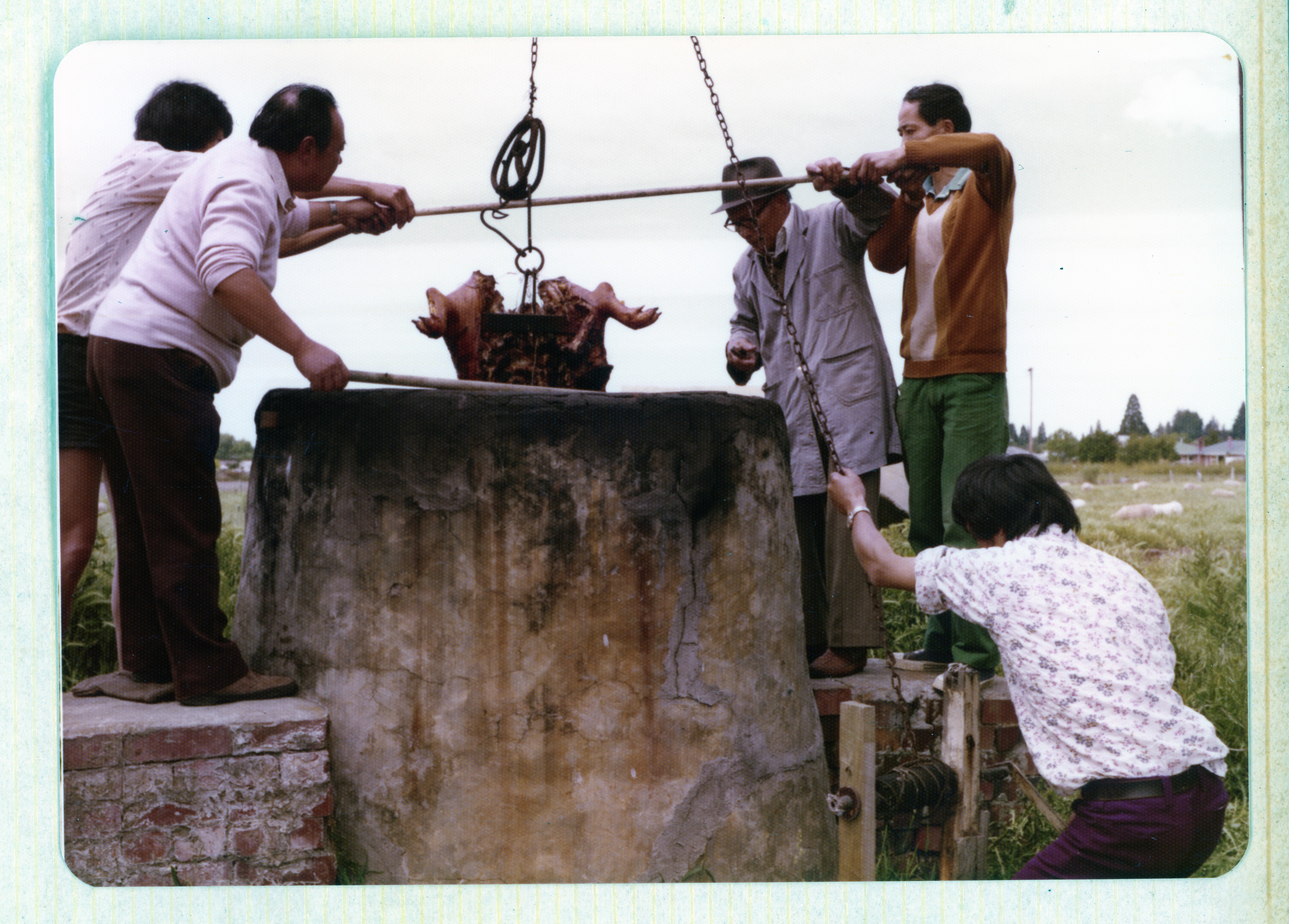 group of men lowering pig carcass into a Chinese pig oven