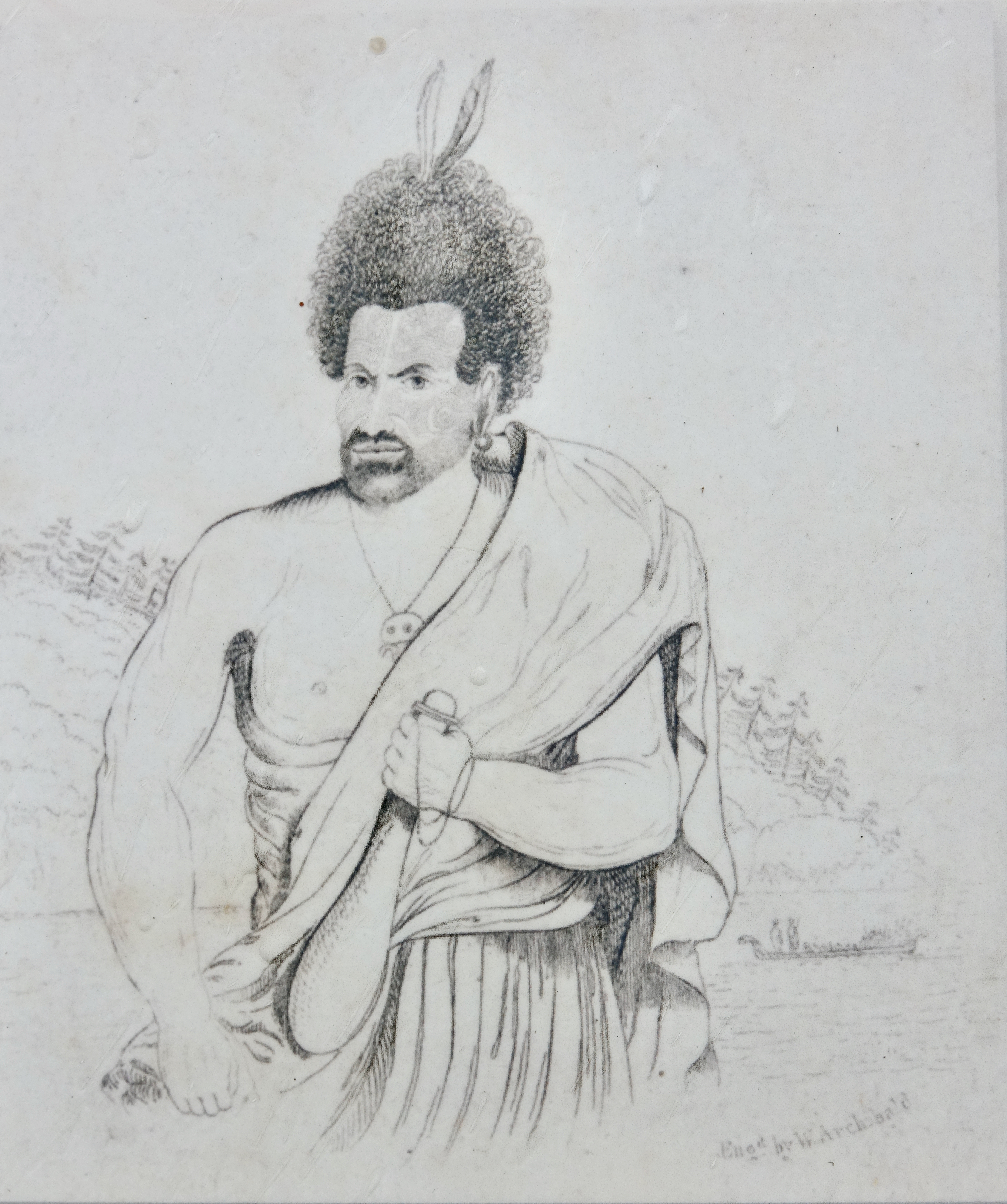 black and white drawing of Māori chief with cloak and feather in his hair, carrying patu