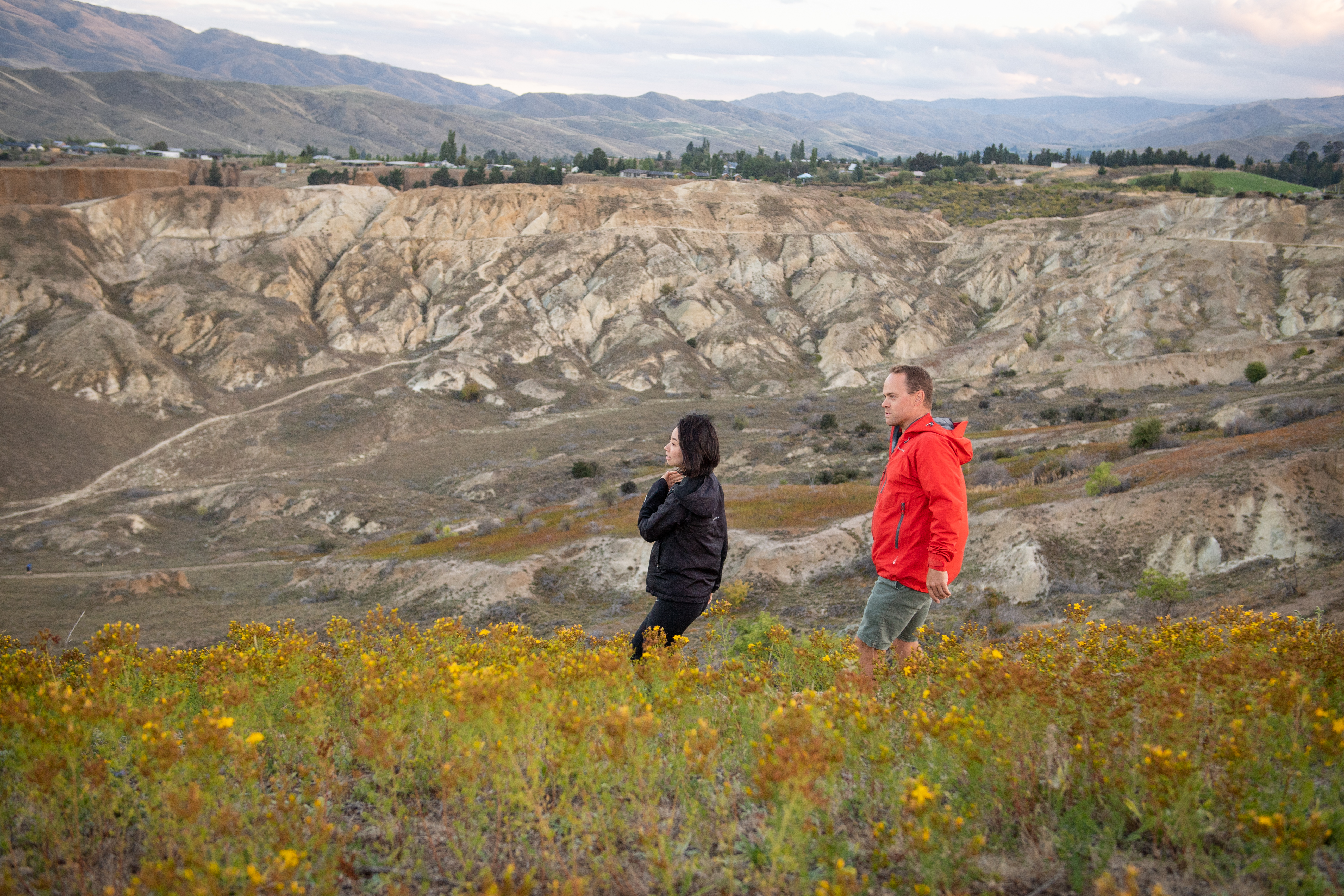 woman and man walk through yellow flowers with bare hills in the background