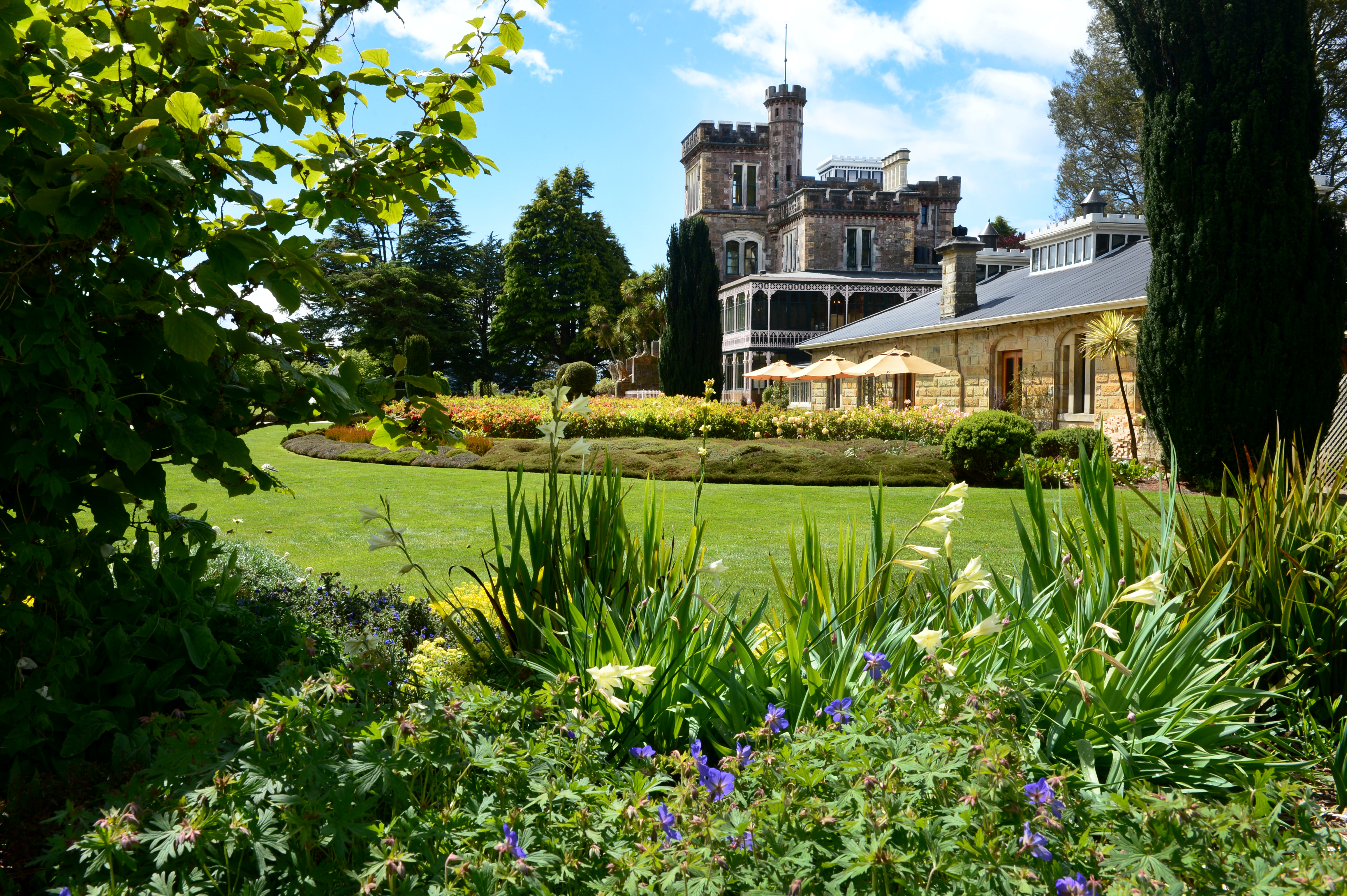 green garden with flowers, grand castle in background