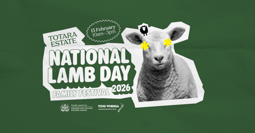 National Lamb Day banner with cute photo of a lamb. Family Festival 2026, 15 February at Totara Estate.