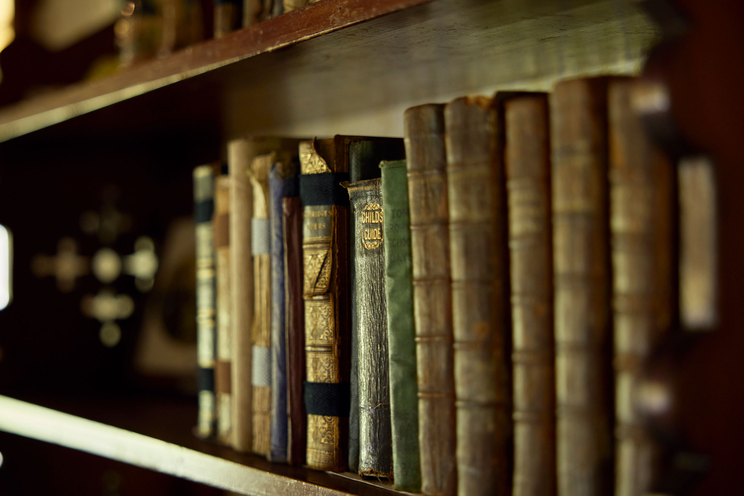 Row of old leather bound books on shelf