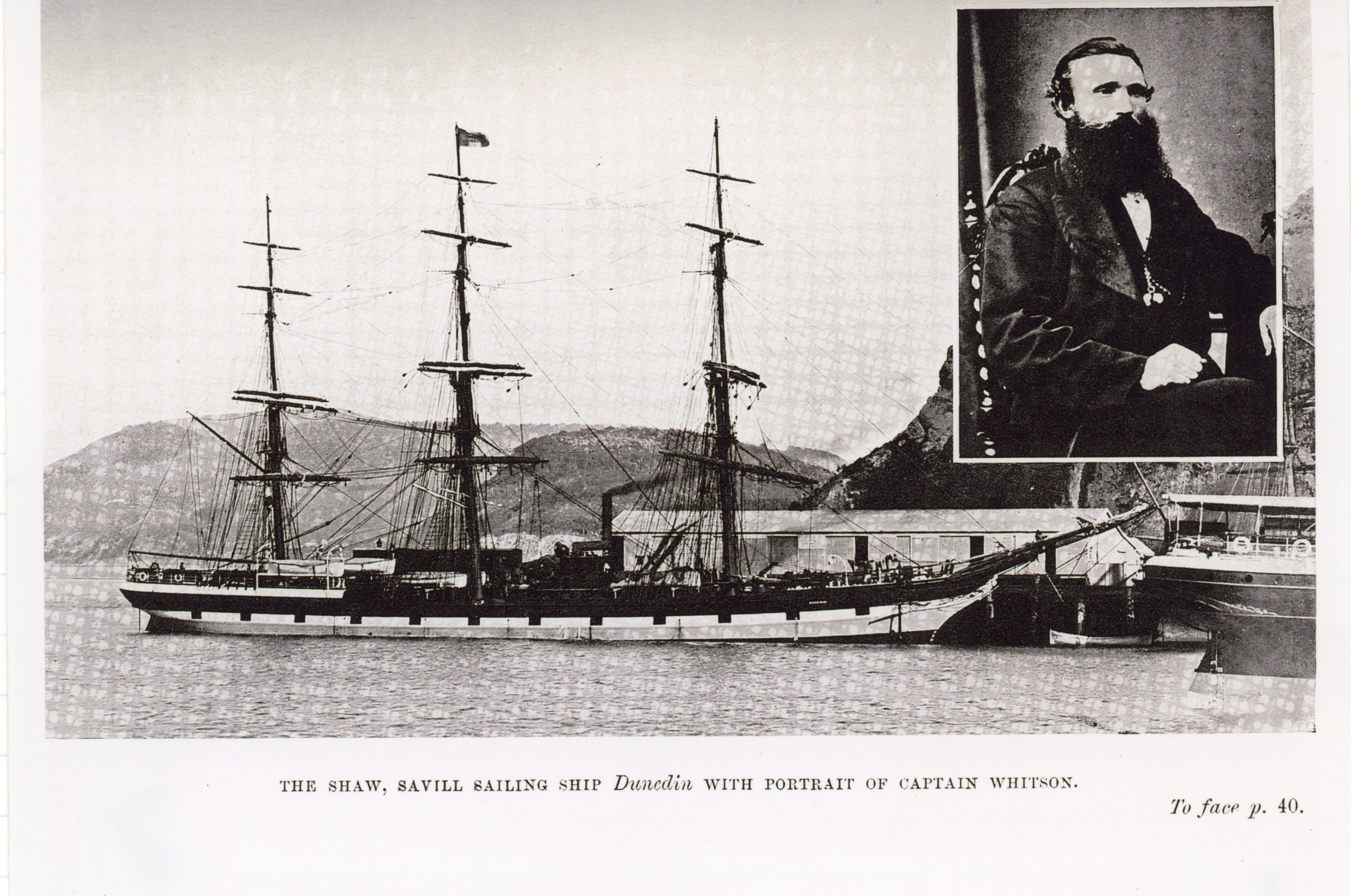 black and white image of old steam ship in harbour, with portrait of bearded captain to the right